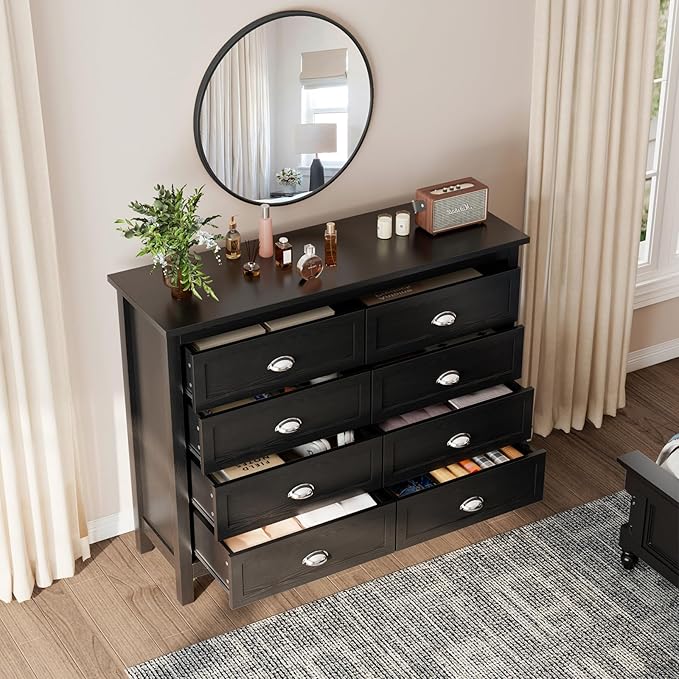 8 Drawer Dresser, Farmhouse Tall Dresser for Bedroom, Antique Black Chest of Drawers, Modern Double Dressers for Bedroom, Closet