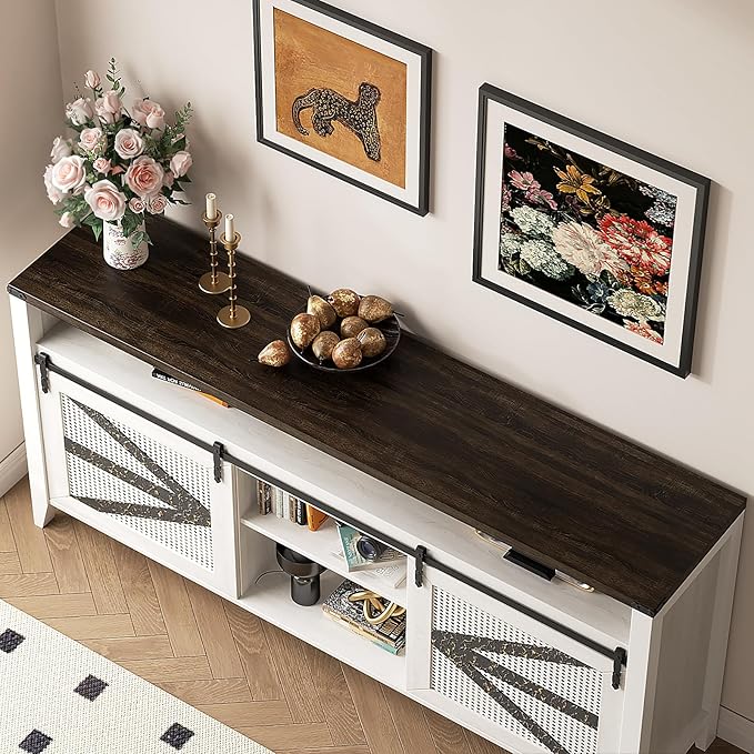 VFK 70 Inch TV Stand for TVs up to 70", Rustic Farmhouse Media Console with Sliding Barn Doors, 6 Drawers, Entertainment Center for Living Room