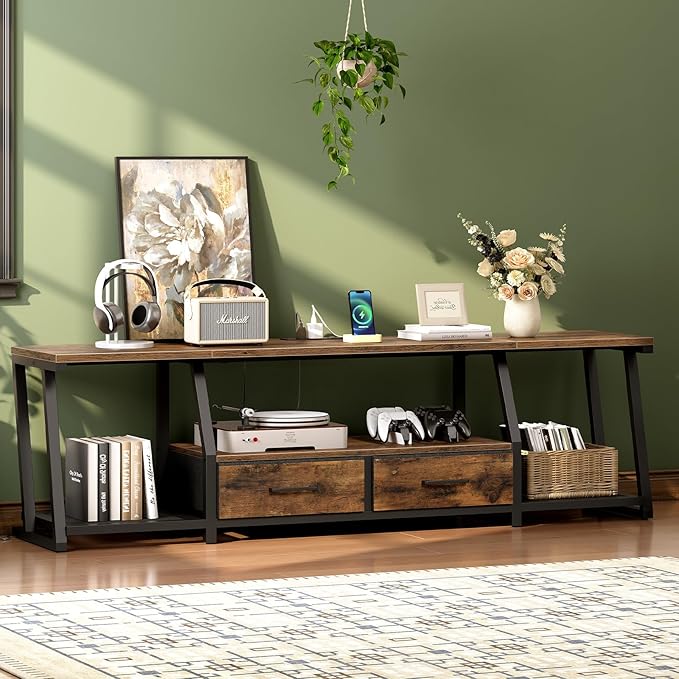 LED TV Stand with Fabric Drawers for 80 Inch TV, Entertainment Center with Power Outlets and Open Storage Shelves, Industrial Media TV Console Table for Living Room, Bedroom, Rustic Brown