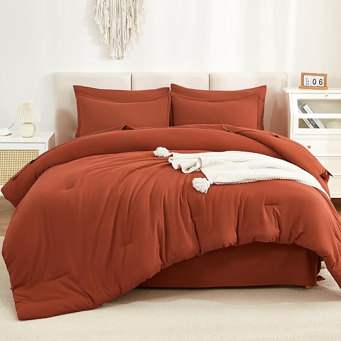 Litanika Burnt Orange Comforter King Size Set - 7 Pieces Terracotta Bed in a Bag King Bedding Comforter Sets, Plain Lightweight Bed Set with Comforter, Sheets, Pillowcases & Shams