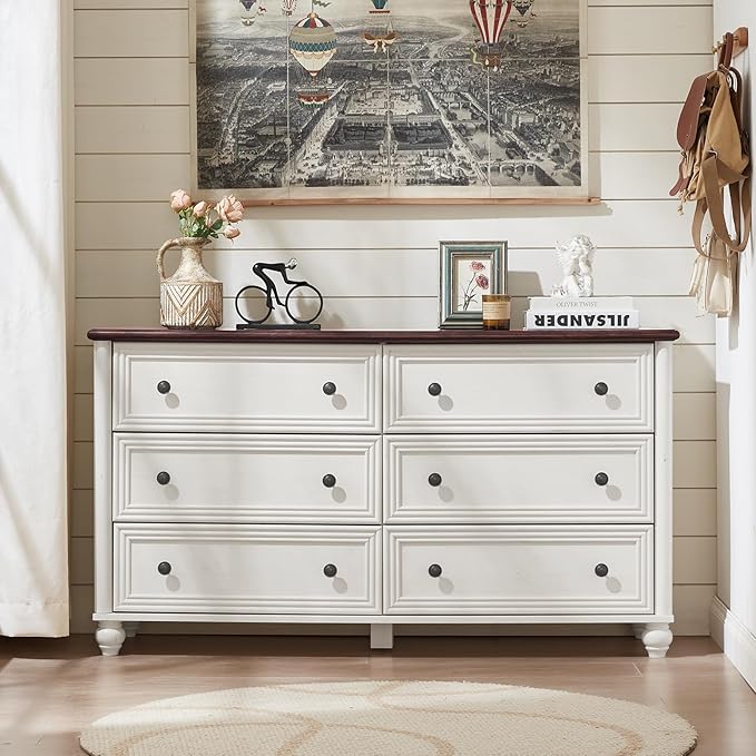 6 Drawers Dresser for Bedroom, Farmhouse 54" Wide Wood Dressers Chest of Drawers, Vintage Design TV Stand, Rustic Storage Dresser Organizer with Metal Handle Closet for Living Room, Hallway