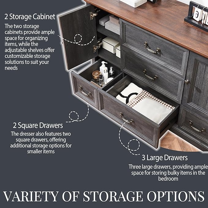 Farmhouse 5 Drawers Dresser for Bedroom, Wood Rustic Storage Organizer Closet Chest, Chest of Drawers w/Groove Barn Door&Shelf for Closet, Living Room, Dining Room, Hallway, Dark Grey