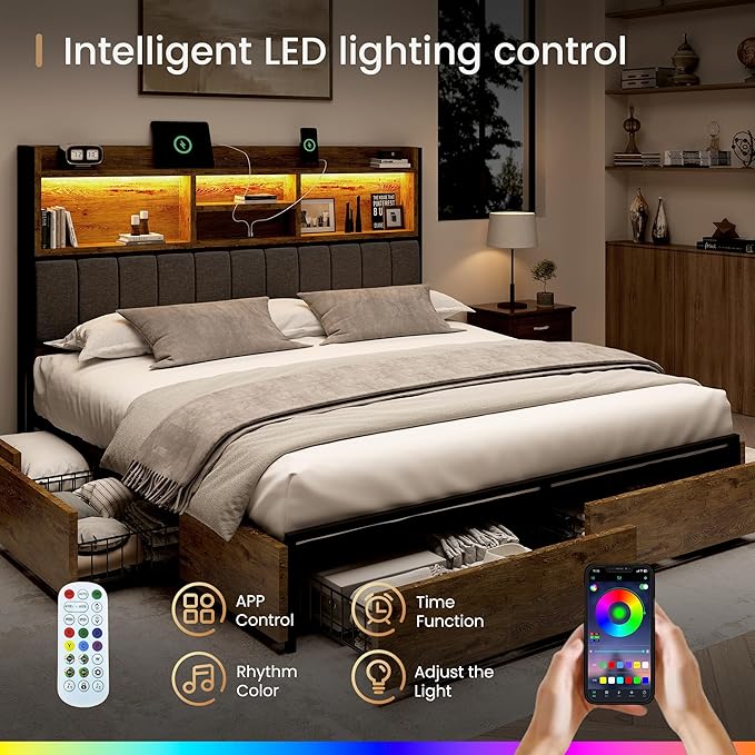 King Bed Frame with 6 Storage Drawers, Linen Upholstered Headboard, Built-in USB Charging Station & LED Lighting, Silent Metal Support, No Box Spring Needed, Vintage Brown