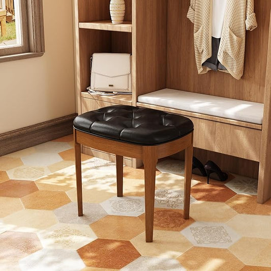 Solid Wood Button Tufted Vanity Stool, Ottoman Stool with Wood Legs & Padded Seat PU Leather Upholstered Piano Bench with Non-Slip Foot Pads Accent Stool for Bedroom Entryway, Black