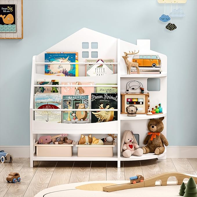 3 Tier Kids Bookshelf Bookcase, House Shape Book Shelf for Kids Rooms Nursery, Montessori Bookshelf, Kids Book Shelf and Toy Storage for Toddler Children, White