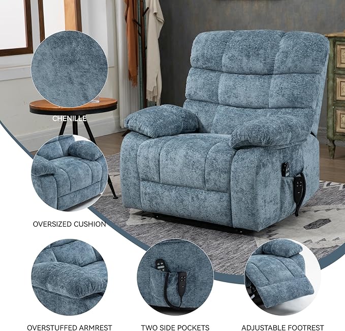 Luxlen Power Lift Recliner Chair for Elderly, Heat Massage Recliners, Dual Motor Oversized Lift Chair, Medium-Firm Electric Lift Recliners with Remote - Greyish Blue