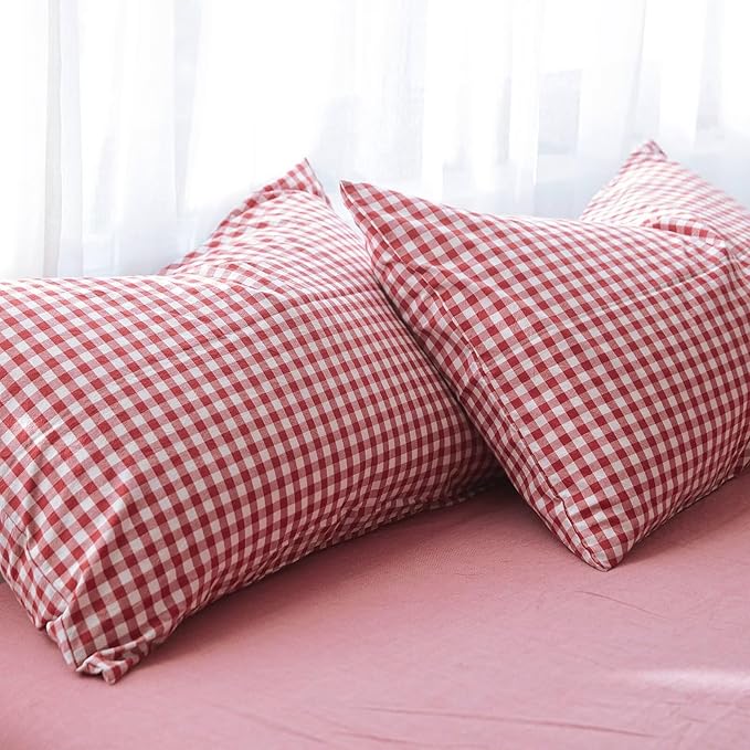 mixinni Red Gingham Comforter Set Twin XL, Plaid Comforter Set 3 Pieces 1 Red Grid Comfoter with 2 Pillow Cases for All Seasons, Soft Fluffy Modern Grid Pattern Printed Bedding-Twin XL Size