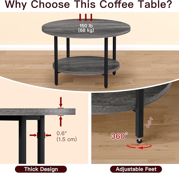 Coffee Table, 2 Tier Coffee Tables for Living Room, Round Coffee Table with Storage, Floor Table for Bedroom, Home Office, Dark Gray (27.6" D x 17.7" H)