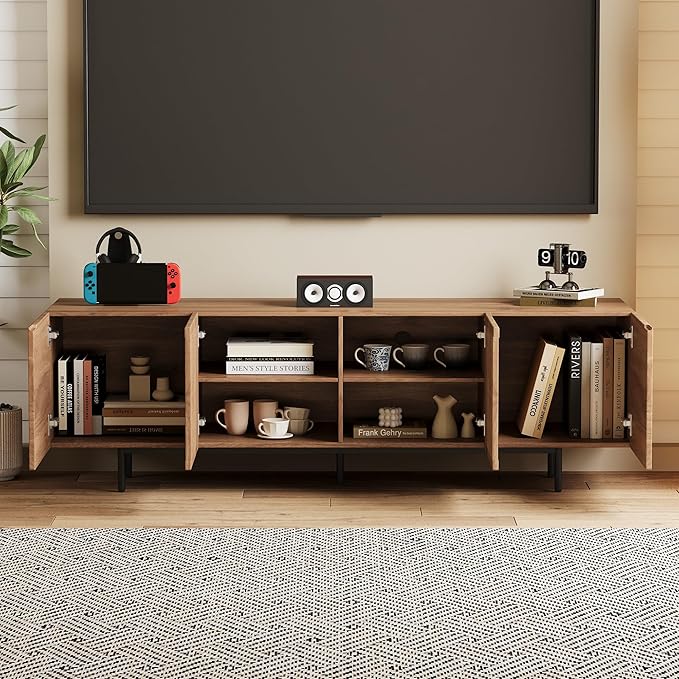70.87″ Mid Century Modern Walnut TV Stand with Grille Doors, Storage Cabinets,Entertainment Center for TVs Up to 80",Media Console for Living Room or Bedroom