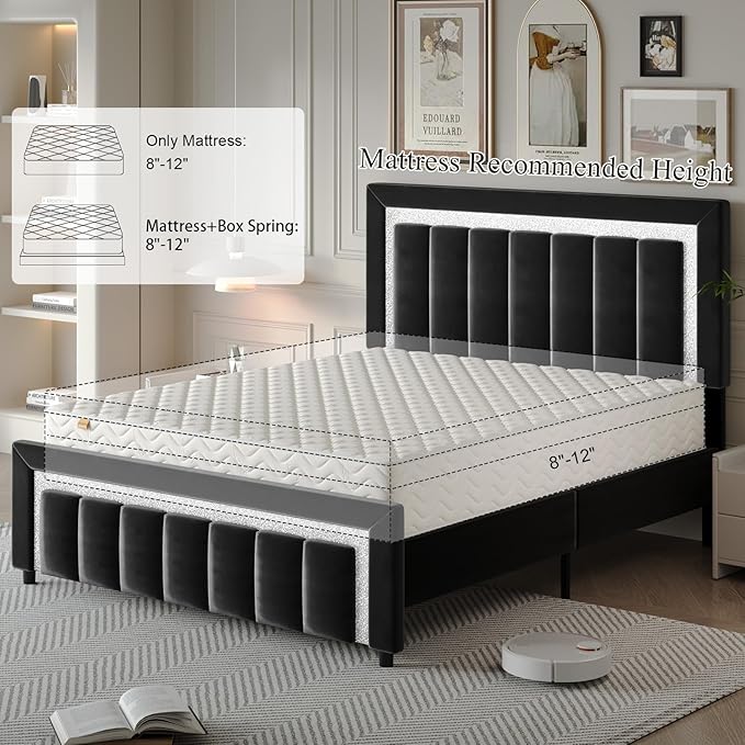 HOMBCK Queen Bed Frame with Headboard, Modern Platform Bed Frame with Velvet Upholstered Footboard and Sturdy Wooden Slats Support, Mattress Foundation, No Box Spring Required, Easy Assembly, Black