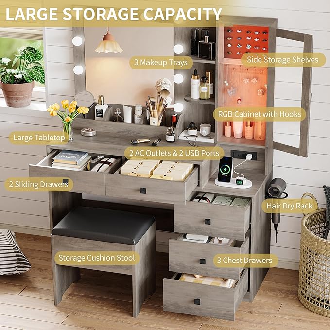 Vanity Desk with Mirror and Lights, Makeup Vanity Table Set with 5 Storage Drawers, Power Outlet & Chair, Small Dressing Table with RGB Ambient Light, Adjustable Brightness for Girls Bedroom, Grey