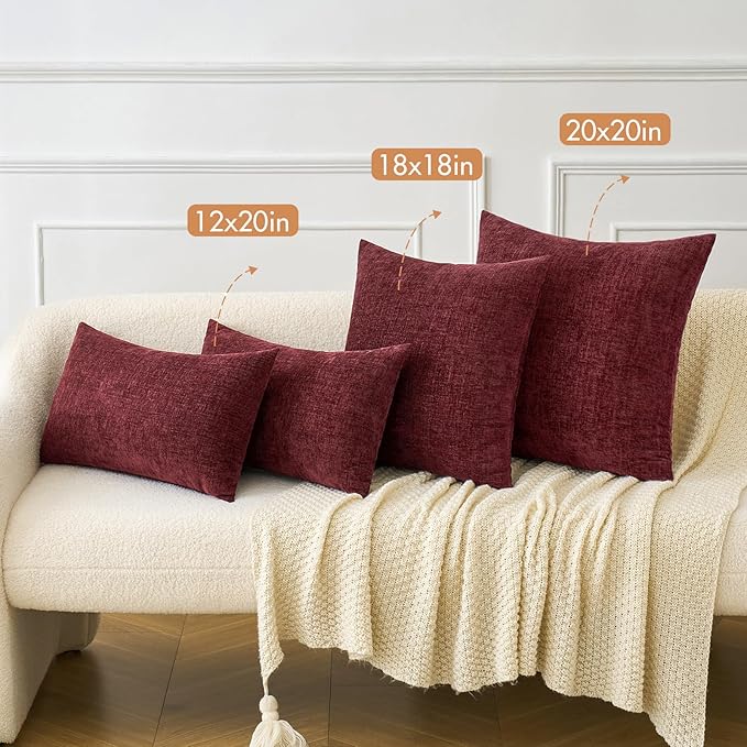 MIULEE Pack of 2 Couch Throw Pillow Covers 12x20 Inch Soft Wine Red Chenille Pillow Covers for Sofa Living Room Solid Dyed Pillow Cases
