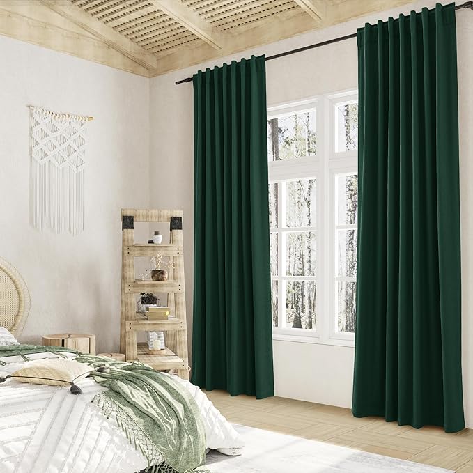 Guken Blackout Curtains 100 Inch Length 2 Panels Set for Living Room Bedroom Back Tab Thermal Insulated 100% Black Out Linen Drapes Room Darkening Window Curtains 100 Inches Long,Emerald Green