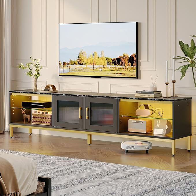 Bestier 80 Inch TV Stand for 75/85/86/90 inch TVs, 4 in 1 LED Entertainment Center with 2 Storage Cabinets, Modern TV Console with Adjustable Shelves for Living Room Bedroom, Black Marble