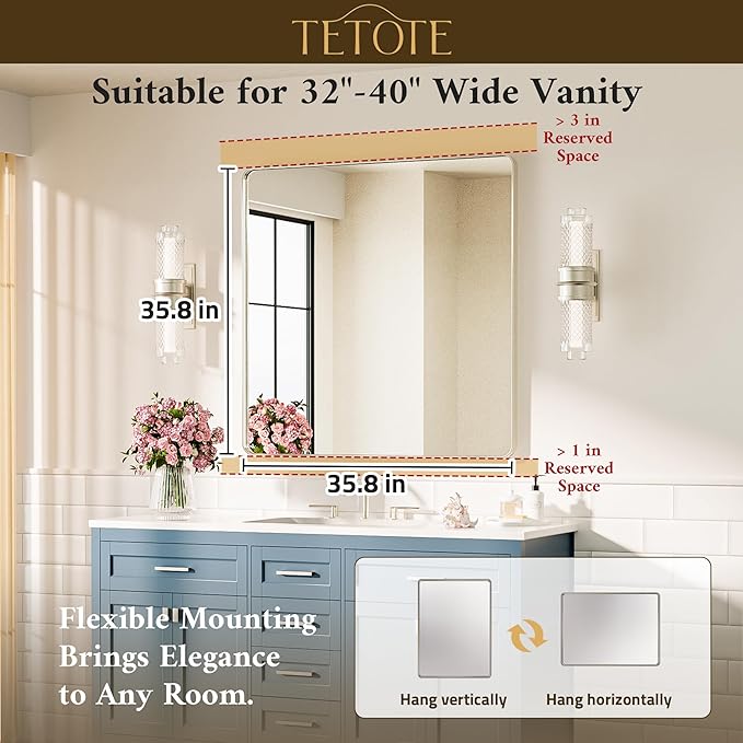 TETOTE 36 x 36 Inch Brushed Nickel Mirror Metal Framed Bathroom Mirror, Tempered Glass, Modern Farmhouse Wall Mounted Mirror for Decorative(Horizontal/Vertical)