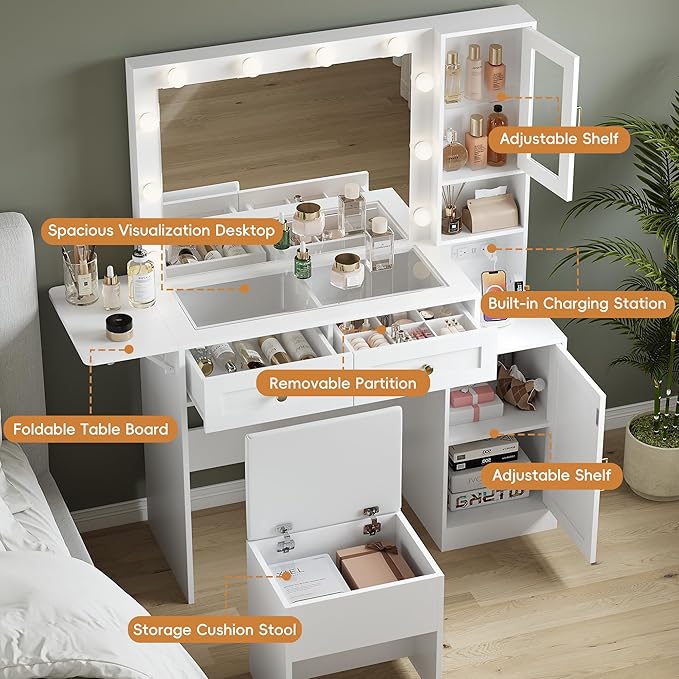 Makeup Vanity Desk with Mirror and Lights, White Vanity Table with LED Lighted Mirror & Power Outlet, Dressing Table with Chair, Large Storage Drawer & Cabinet, and Foldable Panel for Girls’ Bedroom