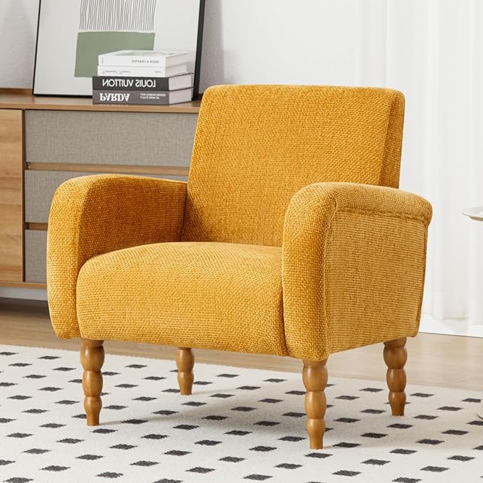 Accent Armchair Set of 1, Mid-Century Modern Living Room Chairs with Gourd-Like Shape Wooden Legs, Chenille Upholstered Single Sofa Reading Chair for Living Room Bedroom Guest Room,Yellow