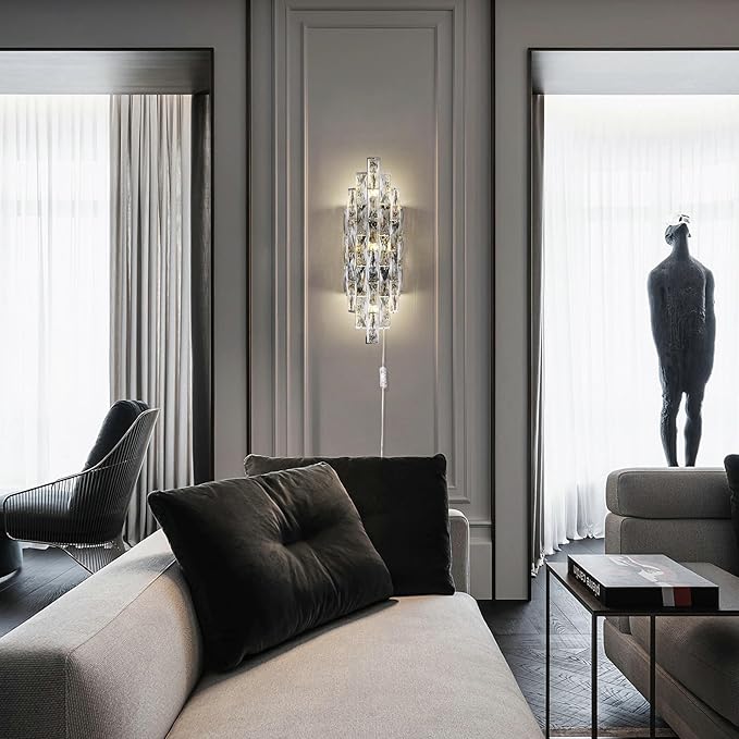 Modern Plug in Wall Sconce Crystal Wall Sconces Indoor Wall Lamp for Bedroom Chrome Light Fixture with Plug in Switch Vanity Wall Mount Lamps for Living Room Bedroom Bathroom Bedside Hallway