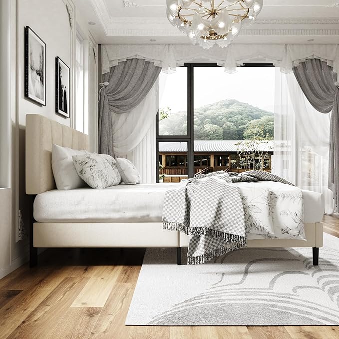 King Size Platform Bed Frame with Upholstered Headboard, Wooden Slats Support, Noise Free, No Box Spring Needed, Easy Assembly, Beige, Velvet