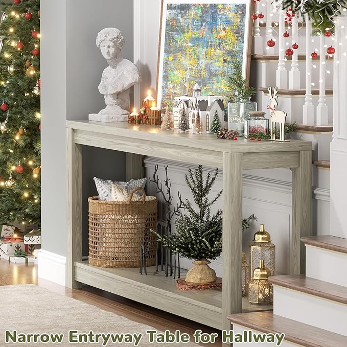 47" Farmhouse Wood Entryway Table Narrow Console Table with Storage Behind Couch Sofa Table with Shelves Entry Way Table with Open Storage, Easy Assembly, Classical Washed Oak