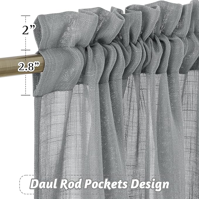RYB HOME Linen Curtains Sheer - Linen Textured Blend Curtains Privacy Semi Sheer Drapes Light Filtering Backdrop for Bedroom Living Room Dining, Grey, W 52 x L 90 inch, 1 Pair