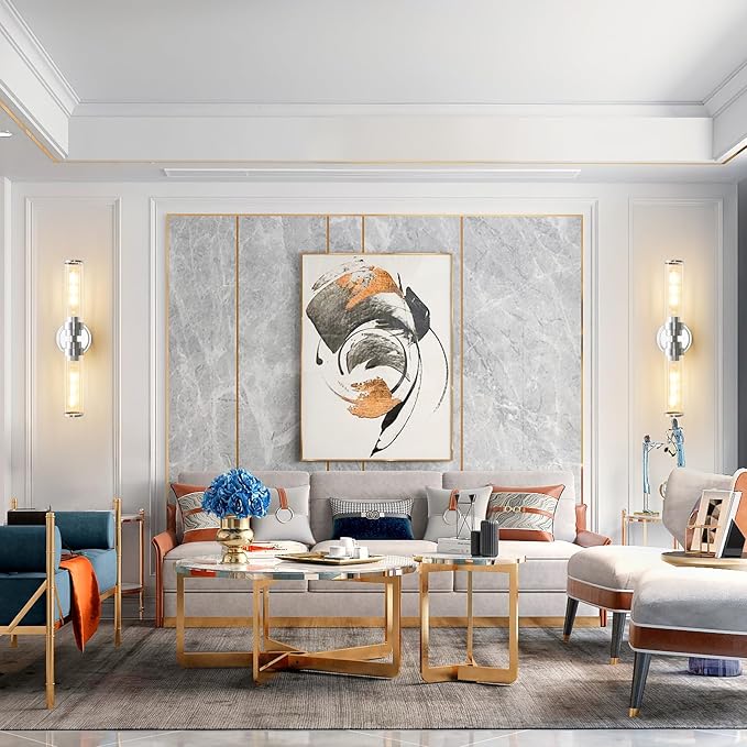 Bathroom Light Fixtures, Chrome Wall Sconce in Threaded Glass Indoor Vanity Lights, Modern Bathroom Vanity Light Up and Down Sconces Wall Lighting for Bathroom, Living Room - Bulb Not Included