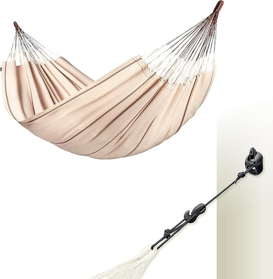 LA SIESTA® Modesta Organic Cotton Hammock & Wall Mount Kit for Walls Ceilings & Square Beams - Indoor Outdoor Hammock Swing, Portable Hammock for Outside Patio Bed - Large Double Hammock, Nougat