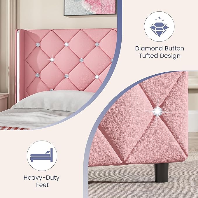 King Bed Frame and Headboard, Faux Leather Upholstered Bed with Wingback Design, Pink Bed Frame with Diamond, No Box Spring Needed, Easy Assembly