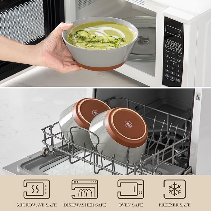 MALACASA Soup Bowls, Ceramic Salad Bowls Set of 4, 35oz Ceramic Bowls for Ramen, Cereal, Fruit and Pho, Microwave & Dishwasher Safe, Speckled Deep Bowls, Grey & Brown
