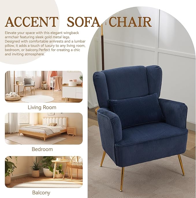 Corduroy Accent Living Room Arm Chair Set of 2 Mid Century Modern Chairs with Pillow & Golden Legs, 8.5" Thick Cushion, Upholstered Comfy Sofa Armchair for Reading Room/Bedroom, Blue