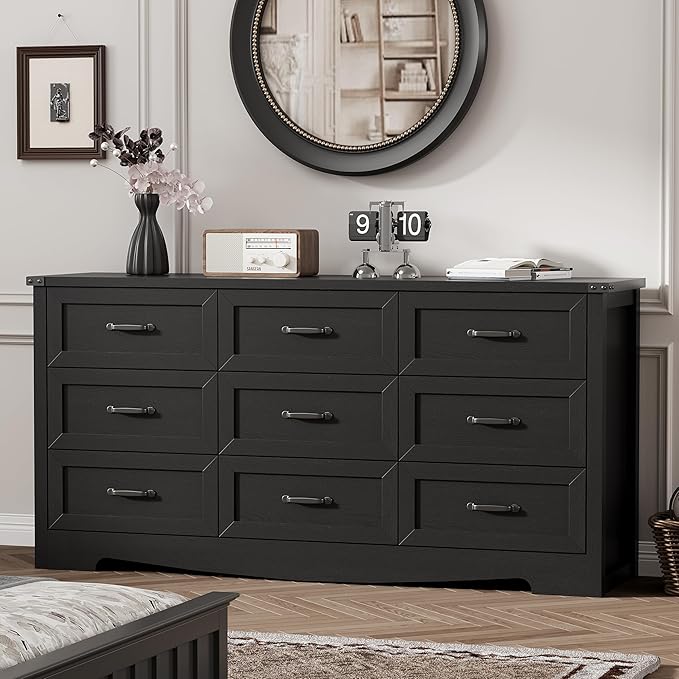 Dresser for Bedroom with 9 Drawers, 59" Wide Wood Chest of Drawers with Deep Drawers & Mental Handle, Modern Dresser TV Stand, Wooden Closet Storage Organizer for Living Room, Hallway, Entryway, Black