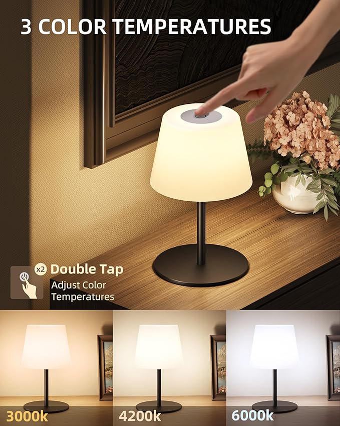 EZVALO Outdoor Cordless Table Lamp, IP65 Waterproof 4500mAh Rechargeble Shower Lamp, Dimmable Touch Lamp, LED Night Light Lamp for Bathroom Patio Camping Restaurant Home 2 Pack(Black)