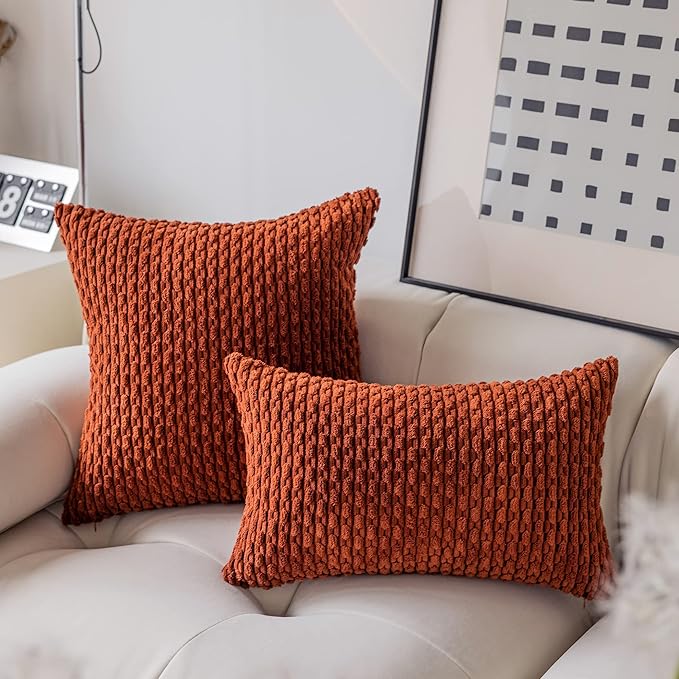 Kevin Textile Fall Pack of 2 Corduroy Decorative Throw Pillow Covers 20x20 Inch Soft Boho Striped Pillow Covers Modern Farmhouse Home Decor for Sofa Living Room Couch Bed Burnt Brick