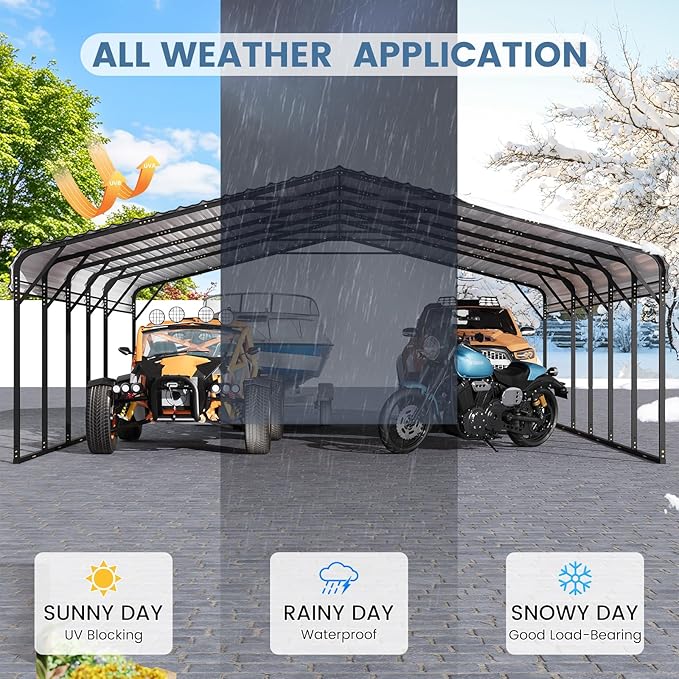 EROMMY 20x30 FT Heavy Duty Metal Carport, Carports with Galvanized Steel Roof and Frame, Sturdy Car Shed in All Weathers, Easy Assembly Car-Shelter for 2 Cars, SUV, Tractors and Boat, Gray