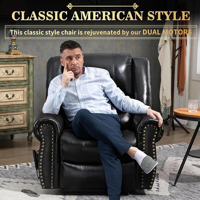 Dual Motor Power Lift Chair, Lay Flat Recliner Chair, Electric Recliner with Massage and Heat for Elderly, Remote Control, Infinite Position, Standing Assistance, USB Ports, Genuine Leather, Black