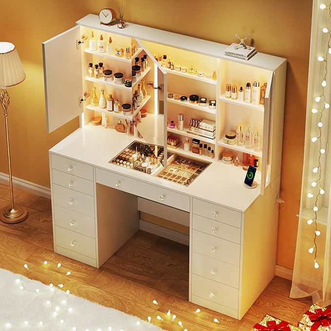 Vanity Desk with Mirror and Lights, 50" Makeup Vanity with Glass Top & Power Outlet, White Vanity with 11 Drawers & 8 Hidden Storage Shelves, 3 LED Lighting Modes Adjustable for Bedroom