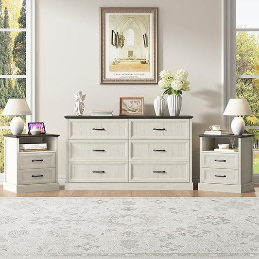 CARPETNAL Farmhouse Dresser and Nightstand Sets for Bedroom, 3 Pcs Bedroom Set, 6 Drawer Dresser & Nightstand Set of 2, Modern Wood Chest of Drawers for Bedroom, Living Room, Entryway, White