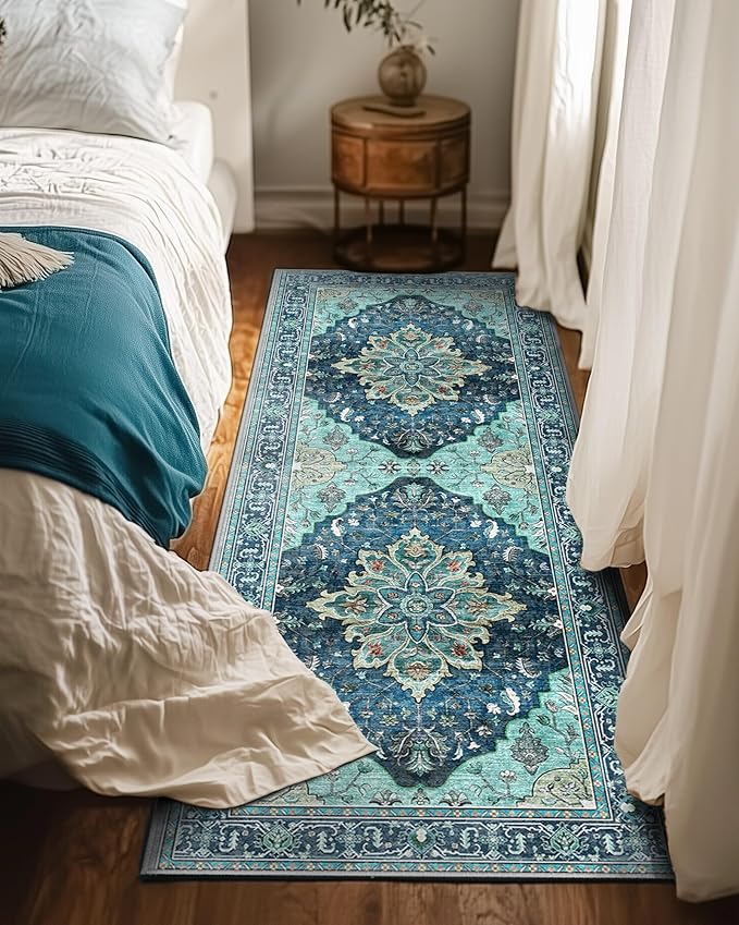 Area Rugs 2'x6' Washable Non-Slip, Floral Vintage Distress Print Pattern Medallion Carpet for Living Room Bedroom Dining Room, Teal Green Lake Blue Turquoise