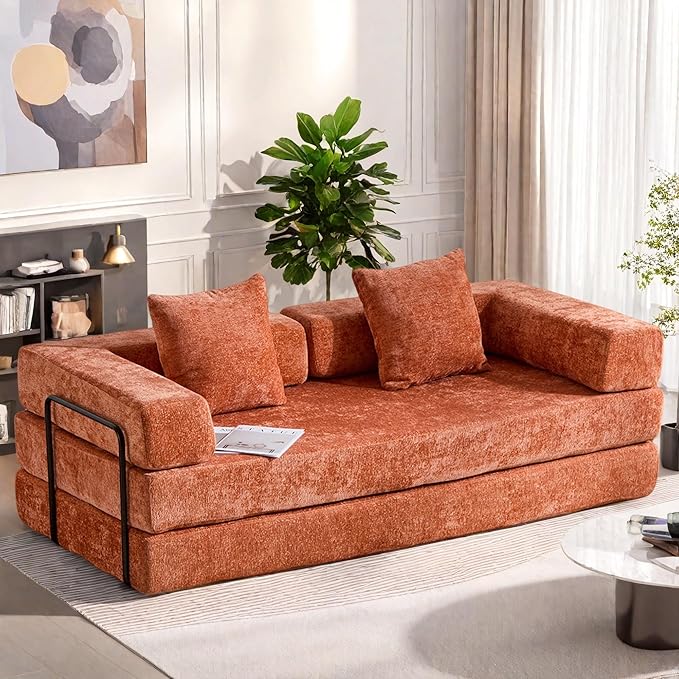 Convertible Sofa Bed, Compression Futon Sofa with Pillows & Armrest, Foldable Mattress Couch with Fixed-Shape Frame, Comfy Couch Lounge Sleeper Bed for Living Room Bedroom, Orange