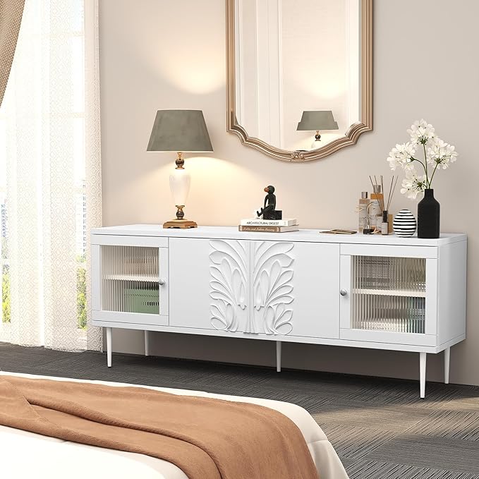 TV Stand for TVs up to 75 Inches, Mid Century Modern Entertainment Center with 3D Flower Pattern, Wood Media Console with 2 Fluted Glass Doors, Storage Cabinet for Living Room, White