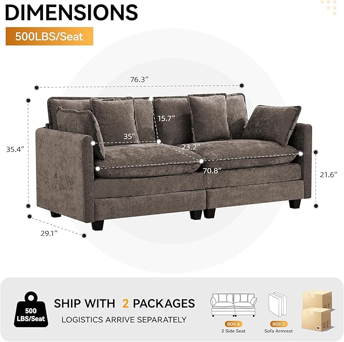 76'' Cloud Deep Seat Loveseat, Upholstered Chenille Modular 2-Seats Sectional Sofa Couch, Modern Comfy Settee Loveseat for Living Room Set, Small Apartment, Brown