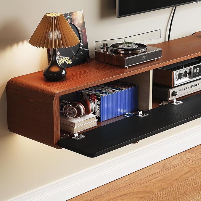 Minimalist 55'' Floating TV Stand with 3 Doors,Solid Wood Wall Mounted TV Console,Floating Entertainment Center with Hidden Storage,Curved Round Edges,Natural Wood Finish(Walnut)