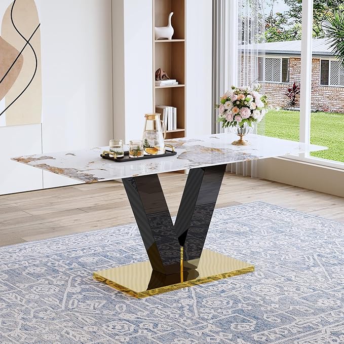 Marble Dining Table for 6,71'' Gold Dining Table with Faux Marble Table Top and Glossy Black V-Shaped Base,Large Modern Dining Table Ideal for Dinner Parties Apartments Kitchen