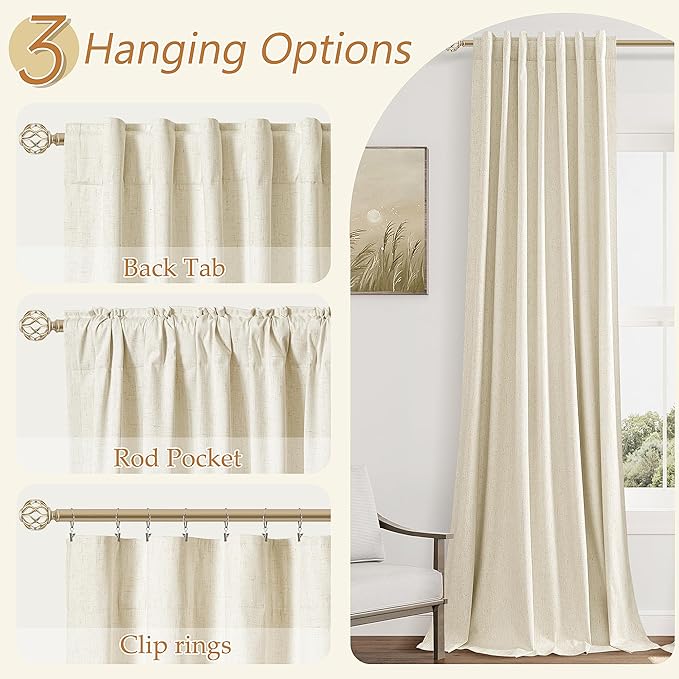 Guken Blackout Curtains 96 Inch Length 2 Panels Set for Living Room Bedroom Back Tab Thermal Insulated 100% Black Out Linen Drapes Room Darkening Window Curtains 96 Inches Long,Warm Beige