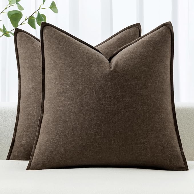 MIULEE Decorative Linen Euro Sham Pillow Covers 22x22 Inch Dark Coffee Boho Farmhouse Neutral Couch Throw Pillows for Bed Pack of 2 Accent Modern Pillowcase Sofa Livingroom Home Decor