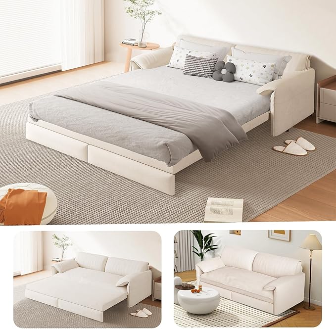 66-Inch Queen Size Convertible Sleeper Sofa Bed, 3-in-1 Pull-Out Futon Loveseat, Velvet Love Seat Couch with Side Pocket for Living Room, Office, Apartment, RV, Hide-A-Bed Fold Out Sofa&Couch