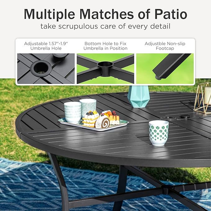 PHI VILLA 7 Pieces Outdoor Dining Set for 6, Round Metal Steel Table with Umbrella Hole & Swivel Wrought Iron Chairs with Cushions, Large Modern Furniture for Patio, Deck, Backyard, Porch