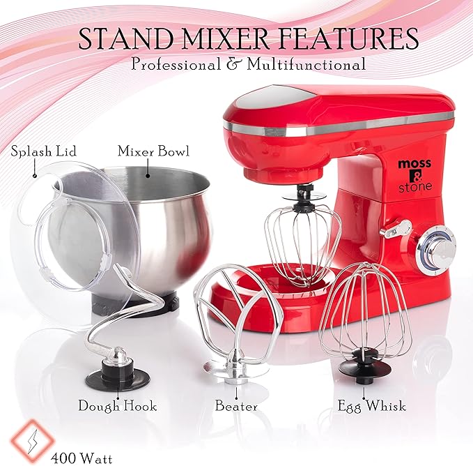 Moss & Stone Stand Mixer, 6 Speed Electric Mixer With 5.5 Quart Stainless Steel Mixing Bowl, Red Body Kitchen Mixer With Dough Hook, Whisk, Beater & Baking Spatula, Classic Food Mixer