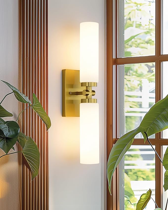 Emak 21 Inch Brushed Gold Bathroom Light Fixtures, 2-Light Vanity Lights with Milk Glass Shade, Modern Wall Sconce for Bathroom, Mirror, VL086-BGD-ML-2