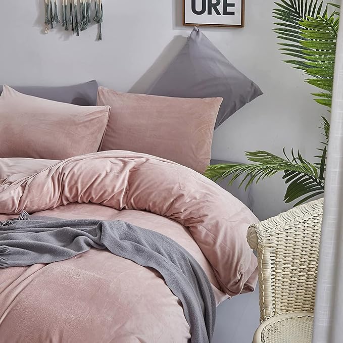 Luxlovery Pink Velvet Comforter Set Full Dusty Pink Flannel Plush Bedding Comforter Set Winter Thick Warm Solid Haze Pink Quilts Blanket Soft Heavyweight Comforter Set for Full Bed